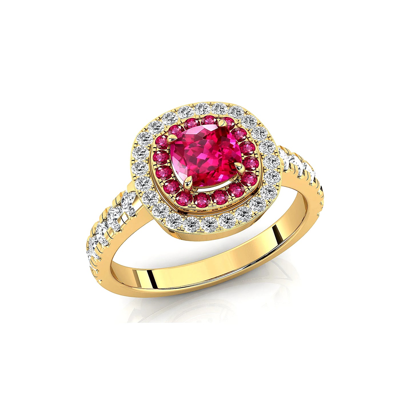18k Solid Gold Lab Grown Pink Sapphire Gemstone and Real Diamonds Cushion Cut Rhodium Plated Double Halo Solitaire Ring For Gift