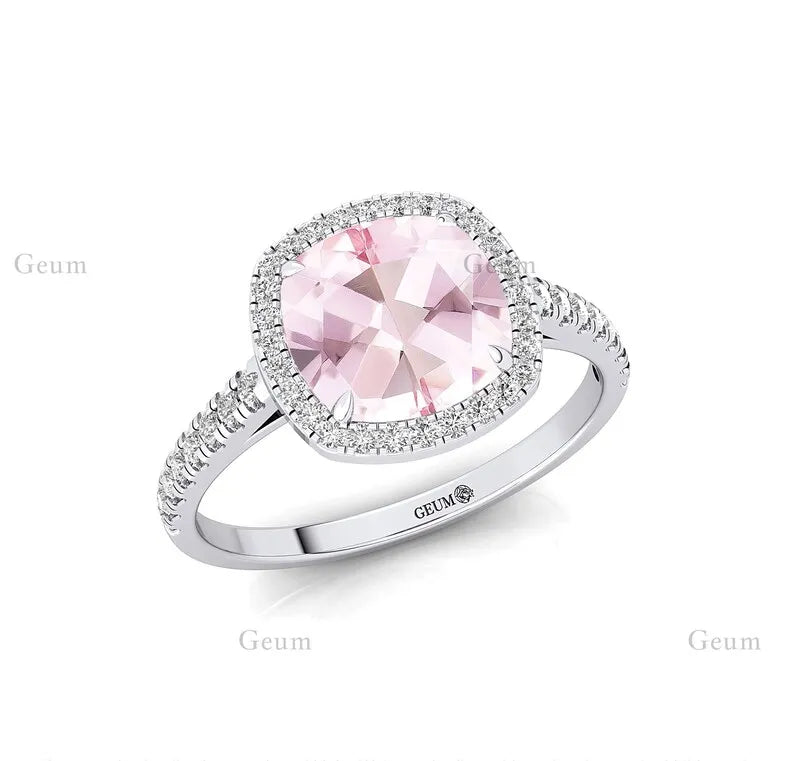 Pink Morganite 14K White Rose Gold Wedding Engagement Ring 7mm Cushion Cut Ring OEM ODM Party Handmade Jewelry