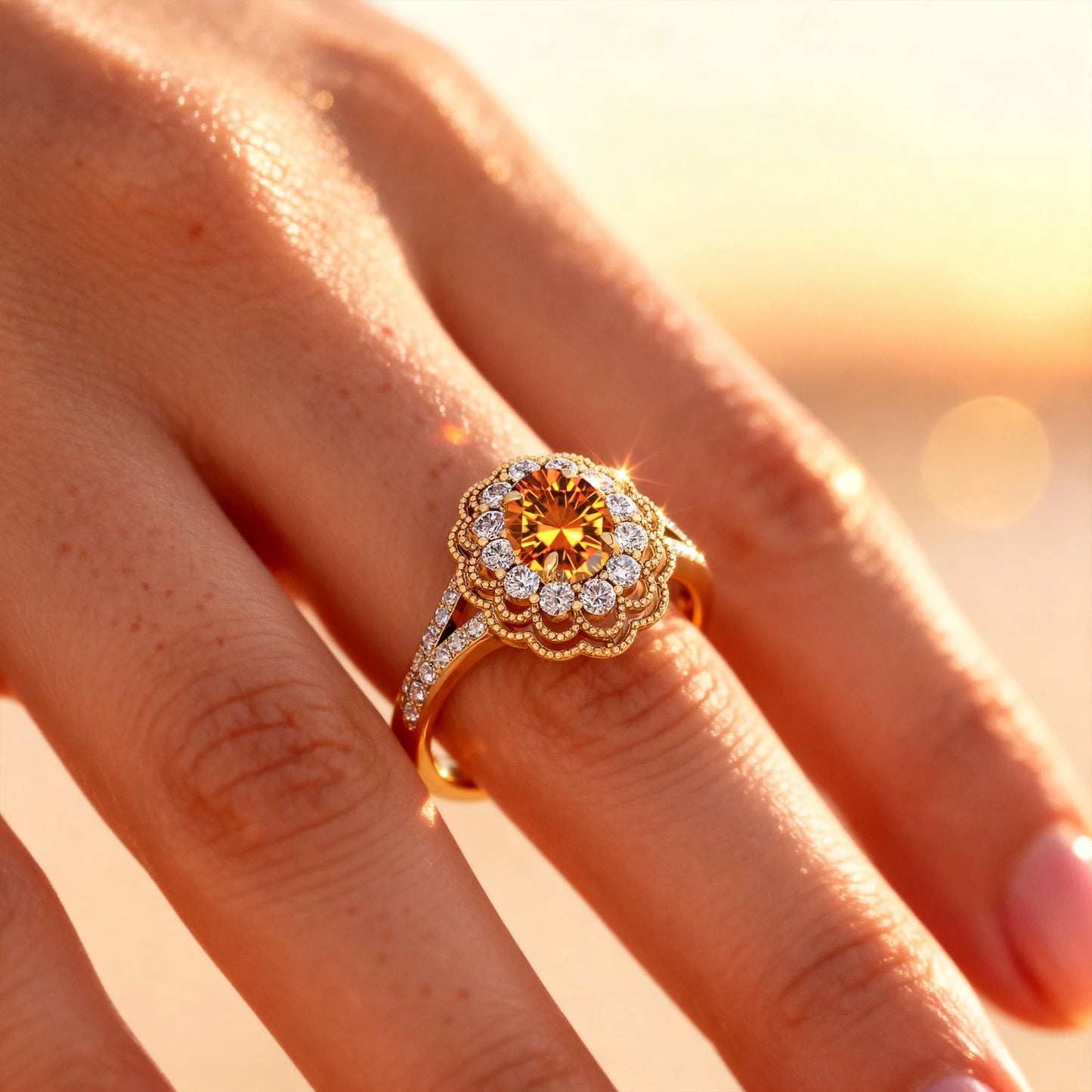 18K White Gold Cute Cluster Rings Real Cut Diamonds Trendy Natural Citrine Gemstone Rhodium Plated Luxury Wedding Engagement