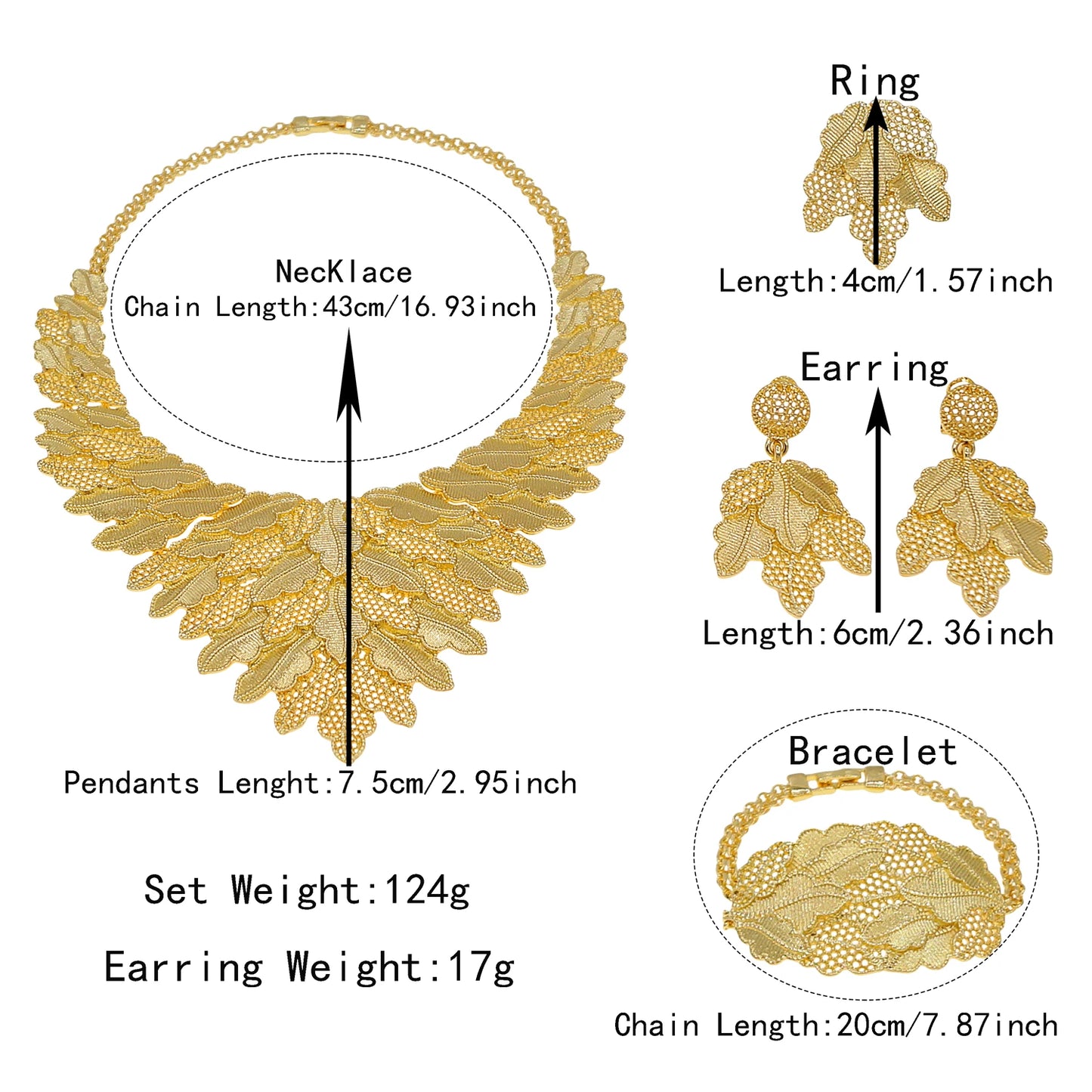 Zhuerrui Gold Plated Ethnic Style Leaf Lace Jewelry Set Necklace Bracelet Earrings Ring for Party Wedding Occasions I0001120