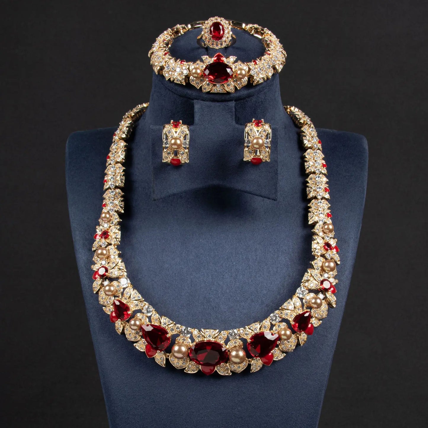 Newest Design 4pcs Jewelry Sets Luxury Bridal Pearl Colorful Zirconia Diamond Gorgeous Necklace Wedding Jewelry Sets