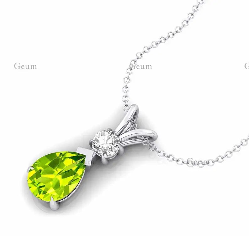 Pear Cut Peridot Solitaire Pendant Custom Design 14k Gold Women Necklace Delicate Bridal Fine Diamond Jewelry Gift For Wife