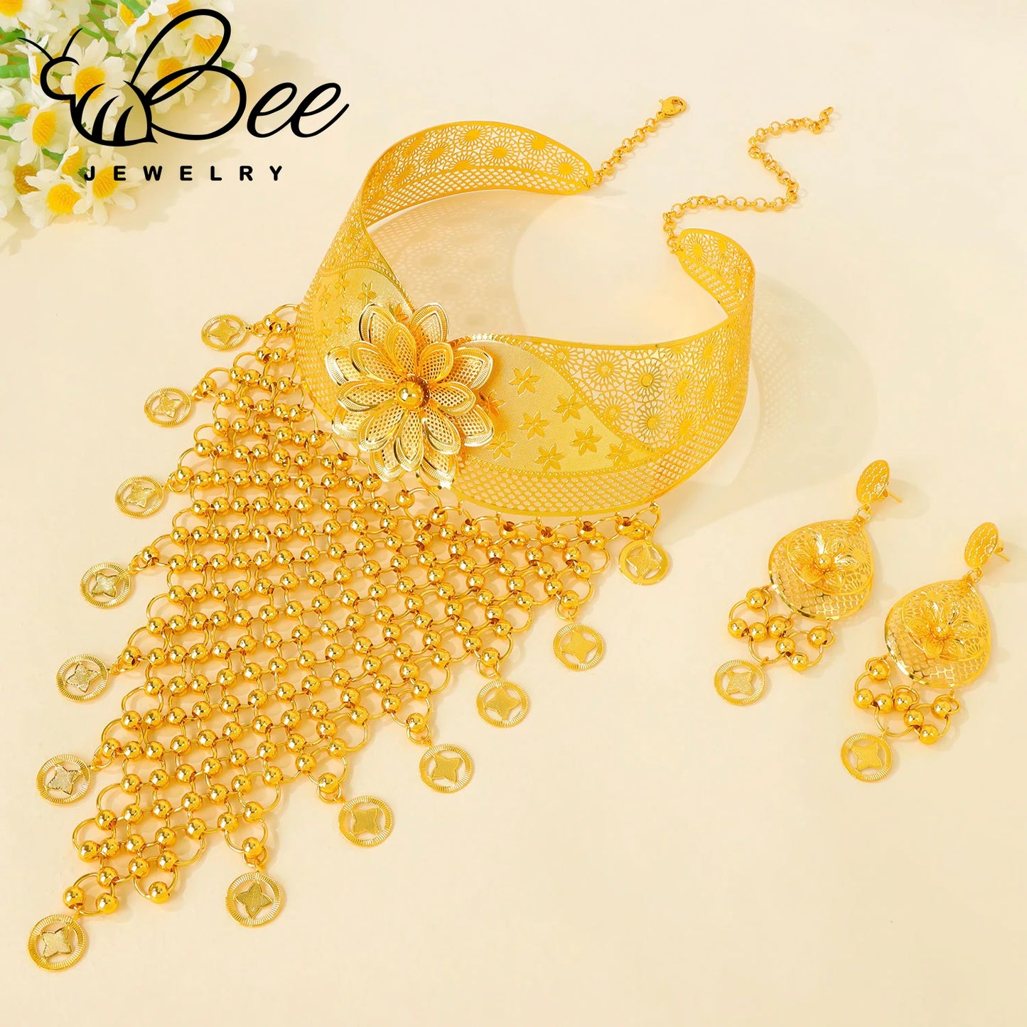 Luxury Gold Color Indian Bridal Jewelry Set Hollow Tassel Flower Long Bib Necklace Earrings Sets For Wedding