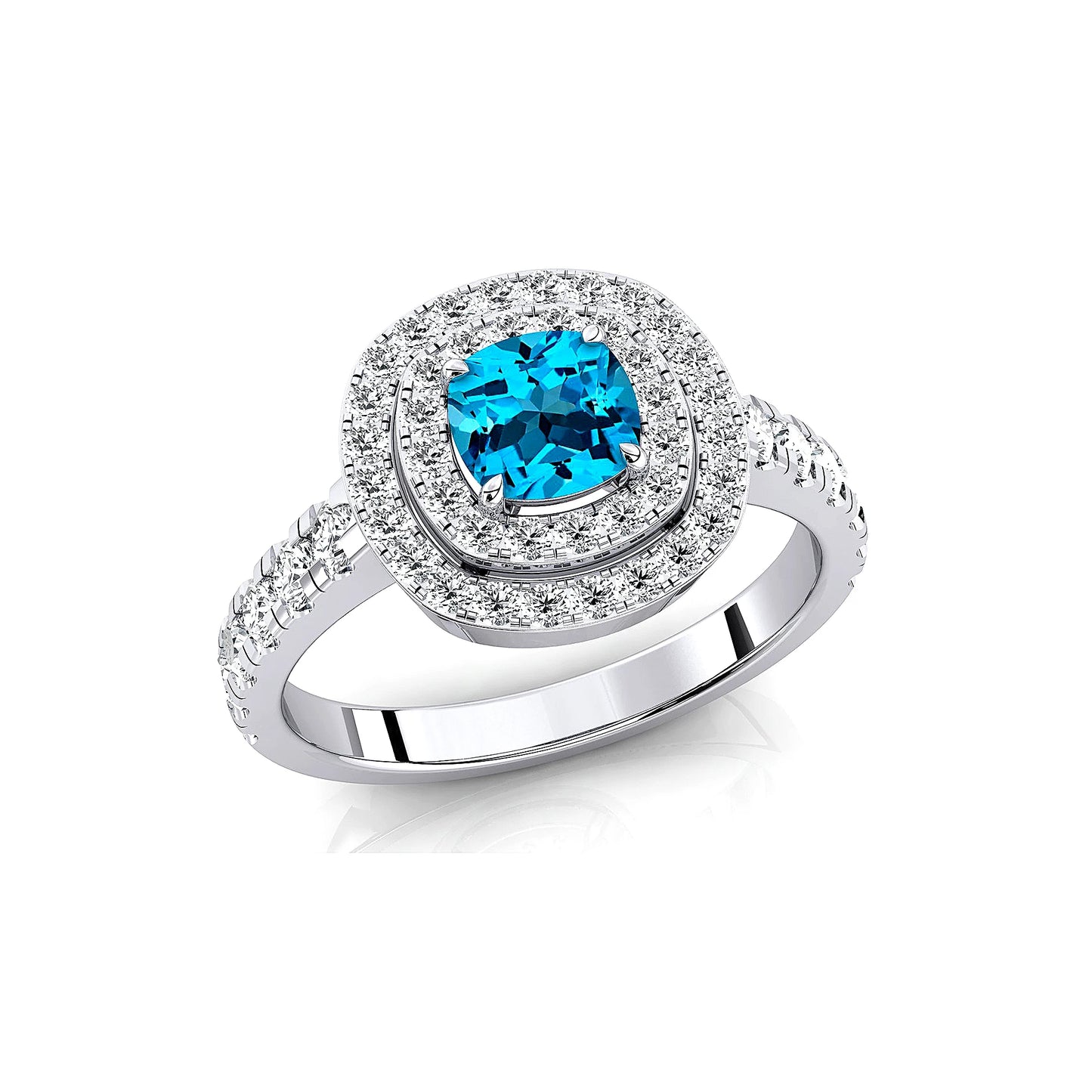 14k Solid Gold Rings Cushion Cut Natural Swiss Blue Topaz Gemstone Real Diamonds Rhodium Plated Classic Luxurious Halo Ring