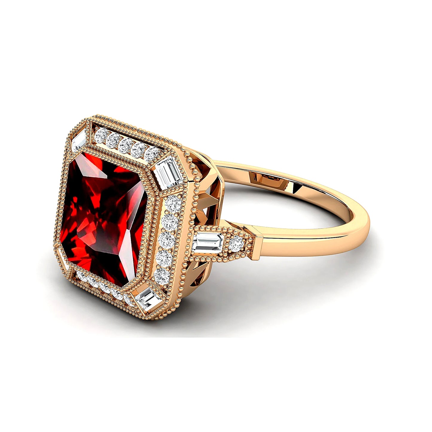 Solid Gold Natural Garnet Gemstone Fine Real Diamonds Bezel Setting Rhodium Plated Wedding Engagement Halo Ring Jewelry For Her