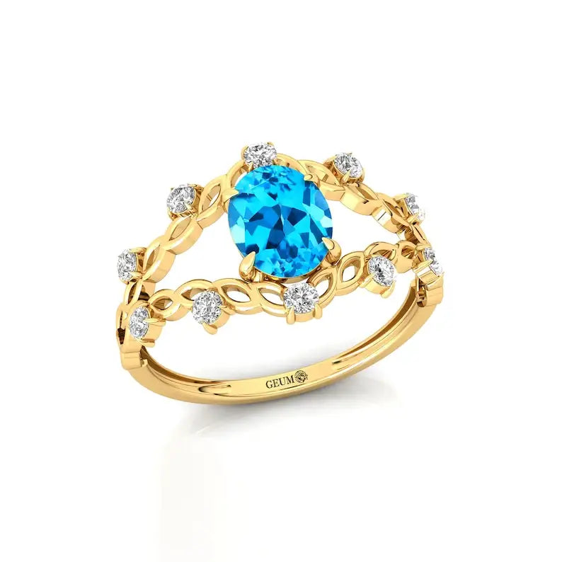 14Kt Solid Gold Classic for Swiss Blue Topaz Gemstone Rings Real Diamonds Women's Engagement Wedding OEM Jewelry Valentine's Day