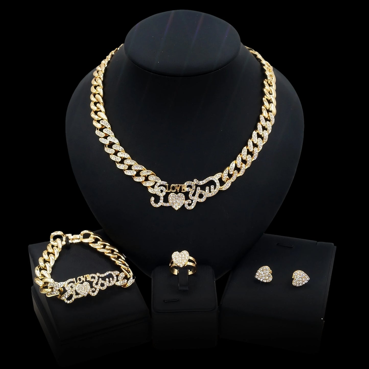 Zhuerrui Fashion Charming Cuban Chain Ladies Jewelry Trend Hip Hop Party Banquet Necklace Bracelet Ring Earring Jewelry SetZ0041