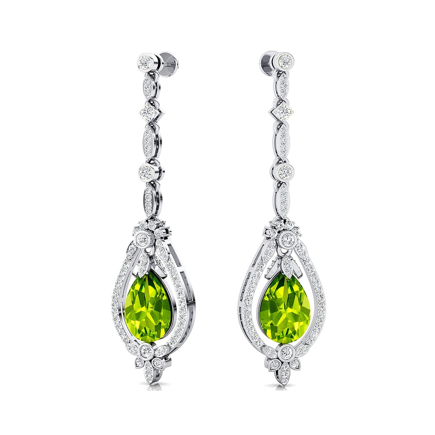 Solid Gold 18Kt Natural Peridot Gemstone Real Diamond Trendy Design Dangle Drop Earrings Cute Wedding Gift Party Rhodium Plated