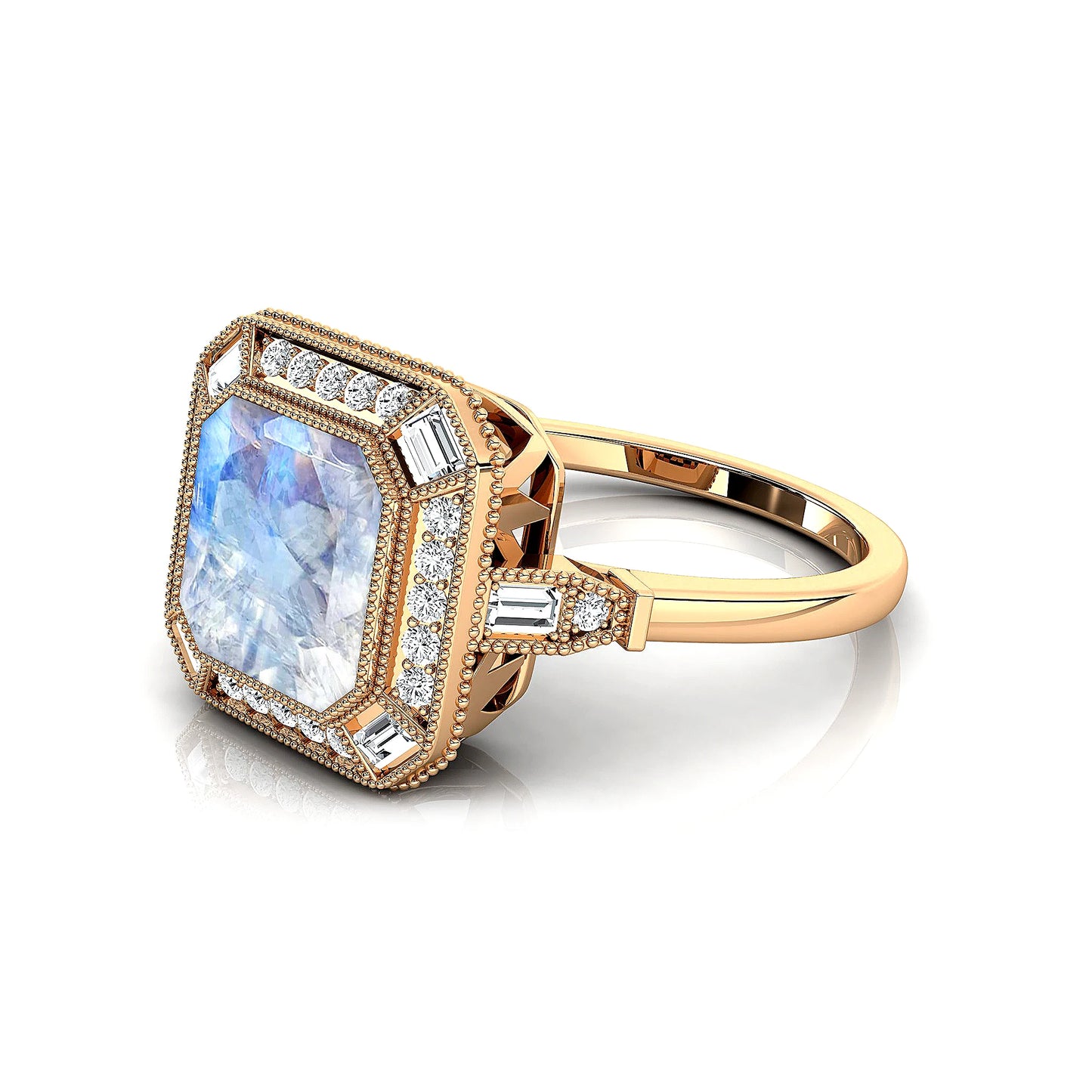 Luxurious Design Natural Rainbow Moonstone Gemstone Dainty Rings 18k Solid Gold Rhodium Plated Classic Wedding Real White