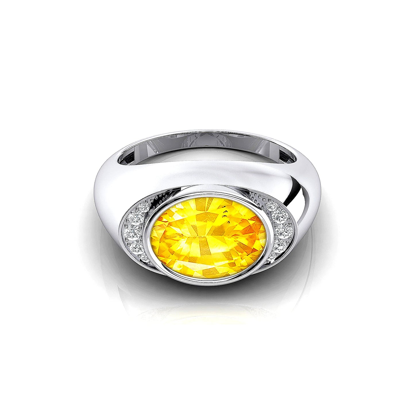 18kt Gold Oval Cut Lab Grown Yellow Sapphire Gemstone Ring Natural Side Diamonds With Bezel Set Center Stone Sapphire Ring