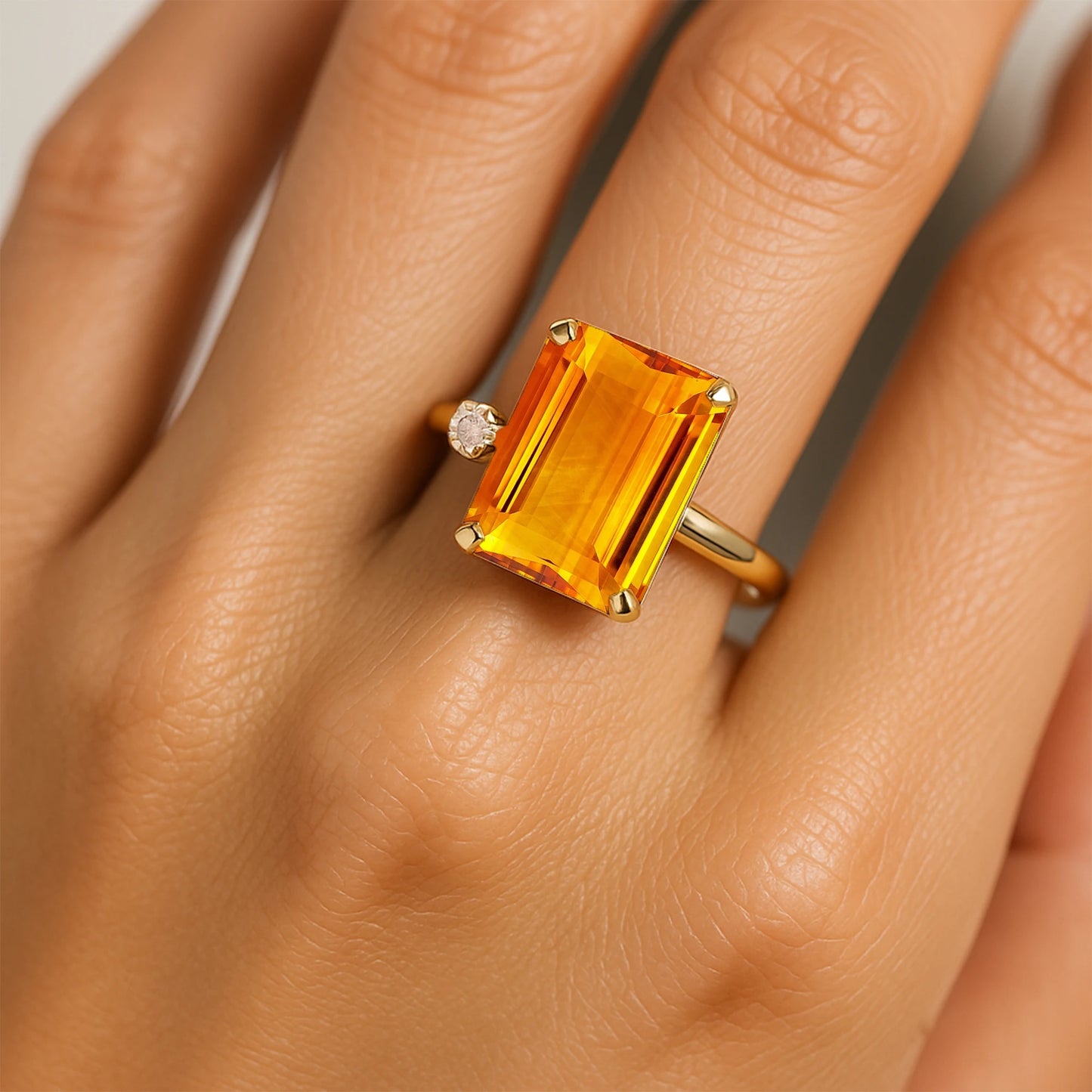 Luxury 14k Solid Gold Natural Citrine Ring Prong Setting Handmade Round Cut White Diamond Wedding Gemstone Jewelry Gift for Her