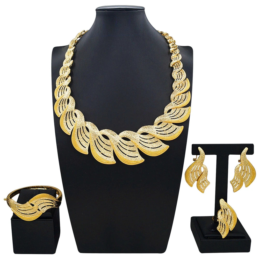 Zhuerrui Italian Gold Plated Jewelry Set Hollow Fan Streamline Necklace Earrings Bracelet Ring Women Ceremony Accessory I0003820