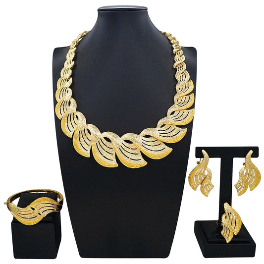 Zhuerrui Italian Gold Plated Jewelry Set Hollow Fan Streamline Necklace Earrings Bracelet Ring Women Ceremony Accessory I0003820