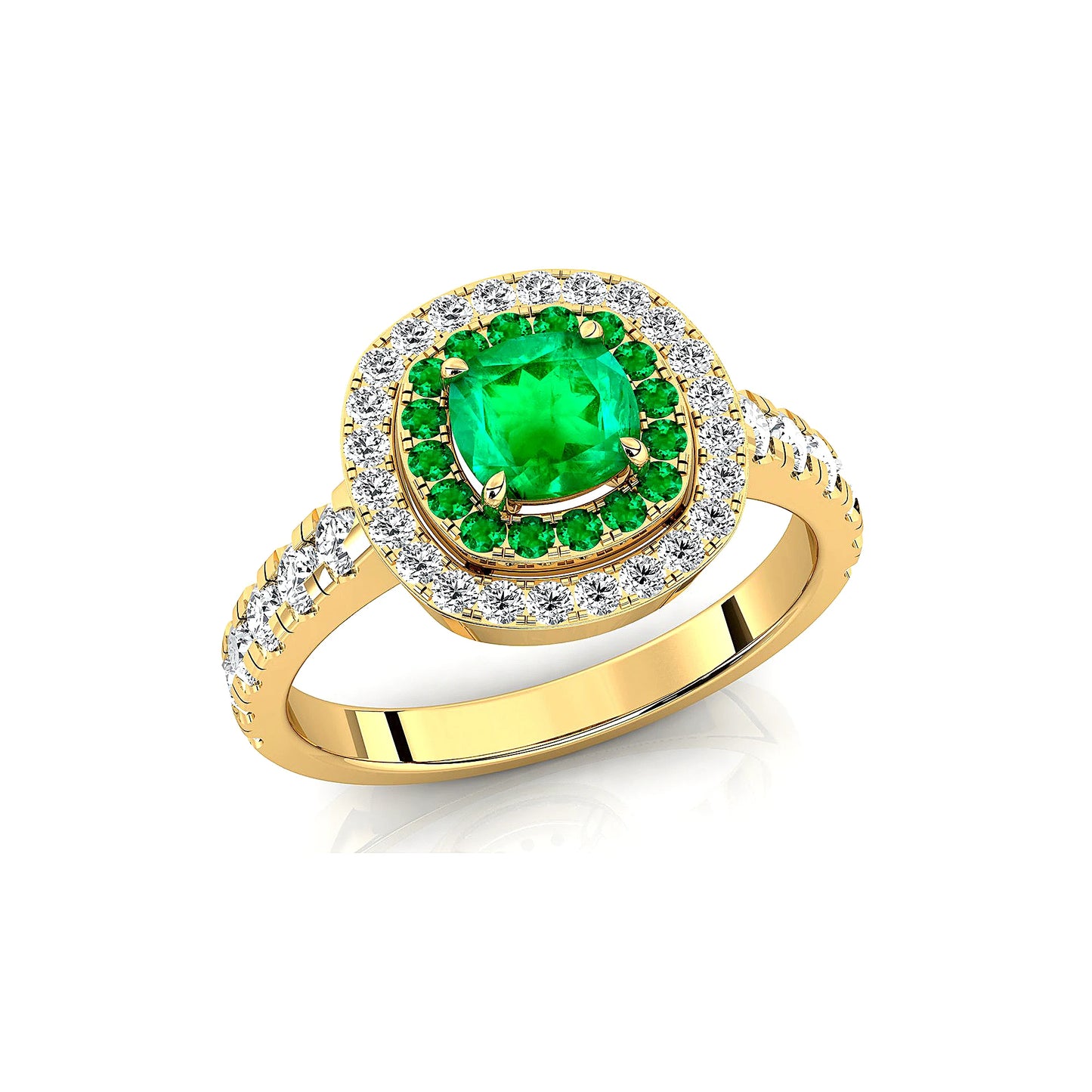 Lab Grown Emerald Gemstone Wedding Rings with Real White Diamonds Cushion Cut Halo Design Premium 18k Solid Gold Rhodium Plated