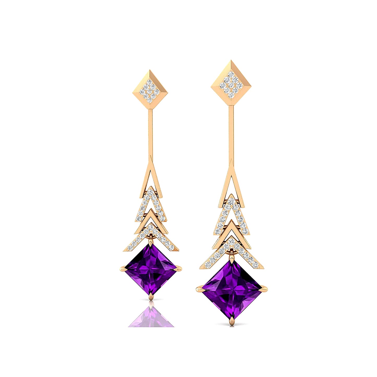 Finest Quality Natural Amethyst Gemstone Real Diamonds 18K Solid Yellow Gold Rhodium Plated Dangle Drop Wedding Party Gift