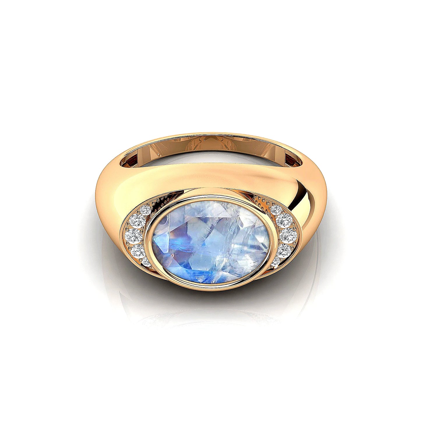 18kt Solid Gold Natural Rainbow Moonstone Gemstone Real Solitaire Diamonds Ring OEM Birthstone Wedding Gift Rhodium Plated Ring