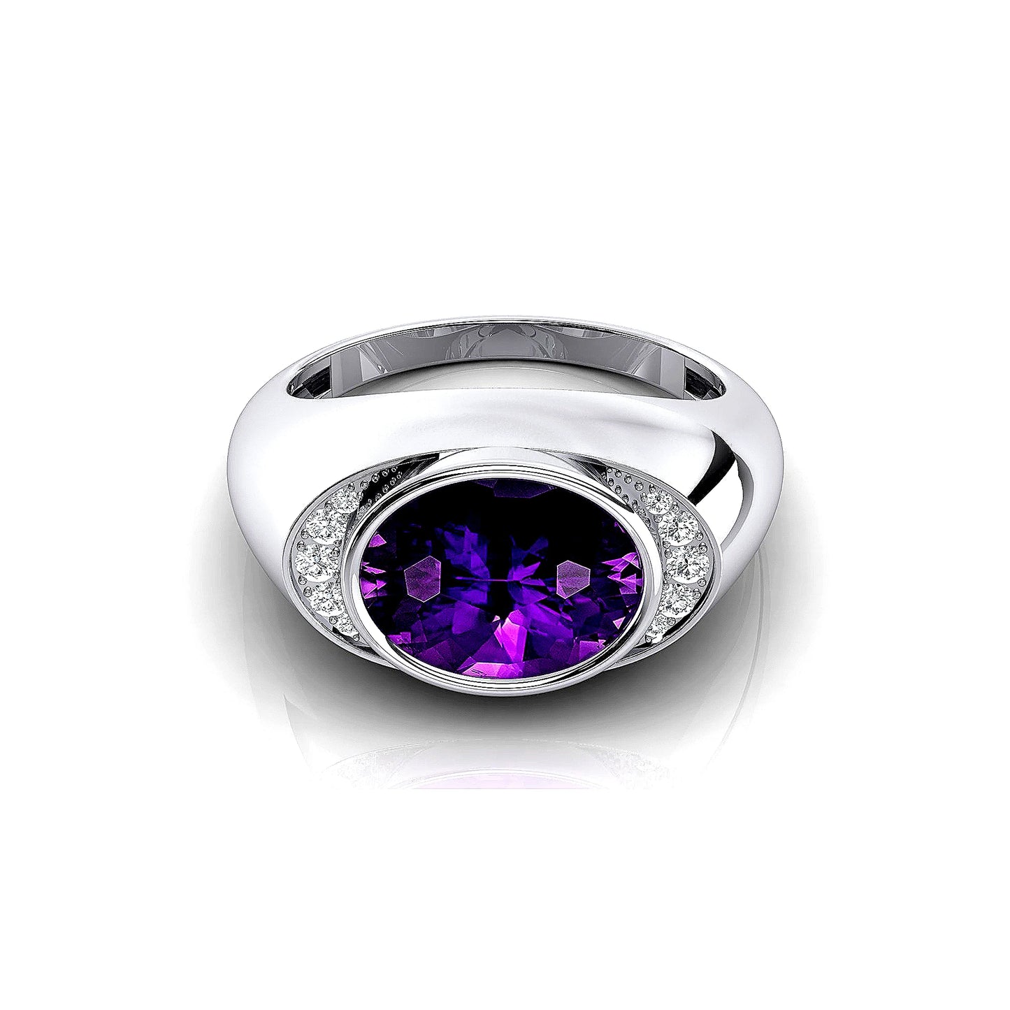 Oval Cut Natural Amethyst Gemstone Ring With 10 Real Diamonds Classic Wedding Engagement Party Ring Solid 14K Gold Rhodium Rings