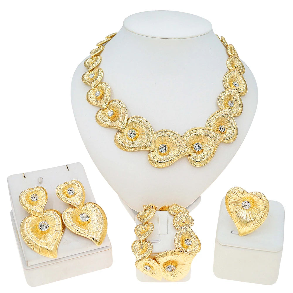 Zhuerrui Italian Gold Plated Jewelry Set for Women Heart Shaped Petal Crystal Necklace Earrings Bracelet Ring Party I004320