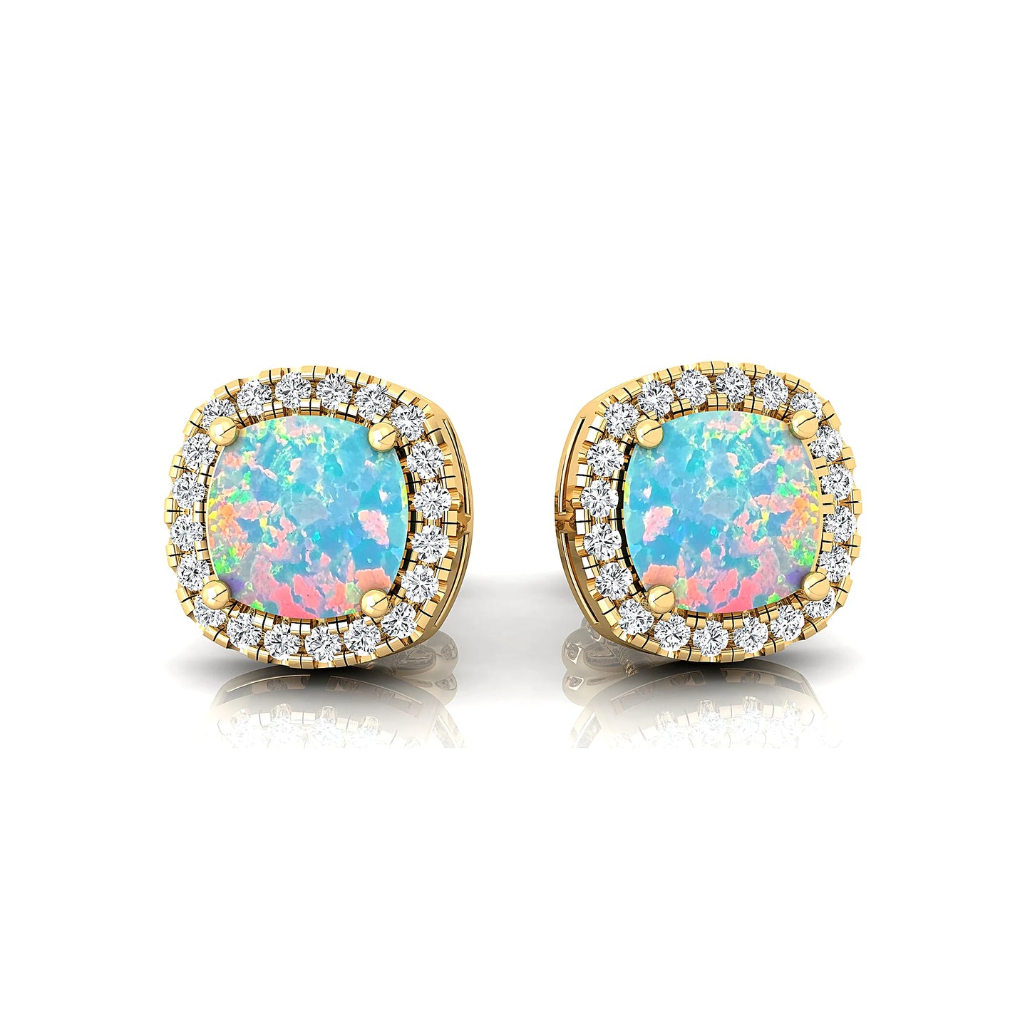 18k Solid Gold Natural Opal Gemstone & Real Diamonds Stud Earrings Beautiful Design Luxurious Birthstone Cute Halo Stud Earrings