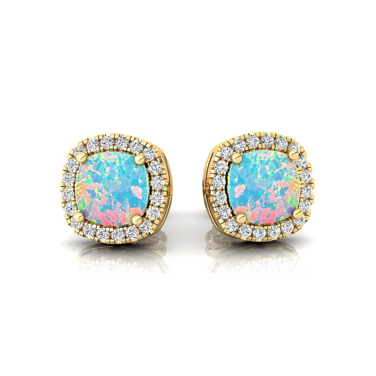 18k Solid Gold Natural Opal Gemstone & Real Diamonds Stud Earrings Beautiful Design Luxurious Birthstone Cute Halo Stud Earrings