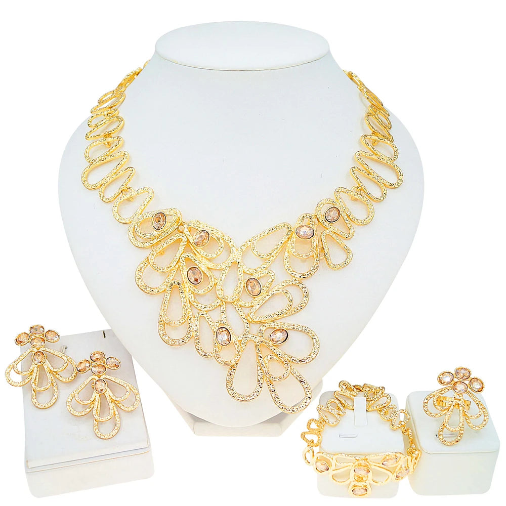 Zhuerrui Brazilian Gold Plated Jewelry Set Hollow Water Drop Floral Crystal Necklace Earrings Bracelet Ring Women Party I0001220