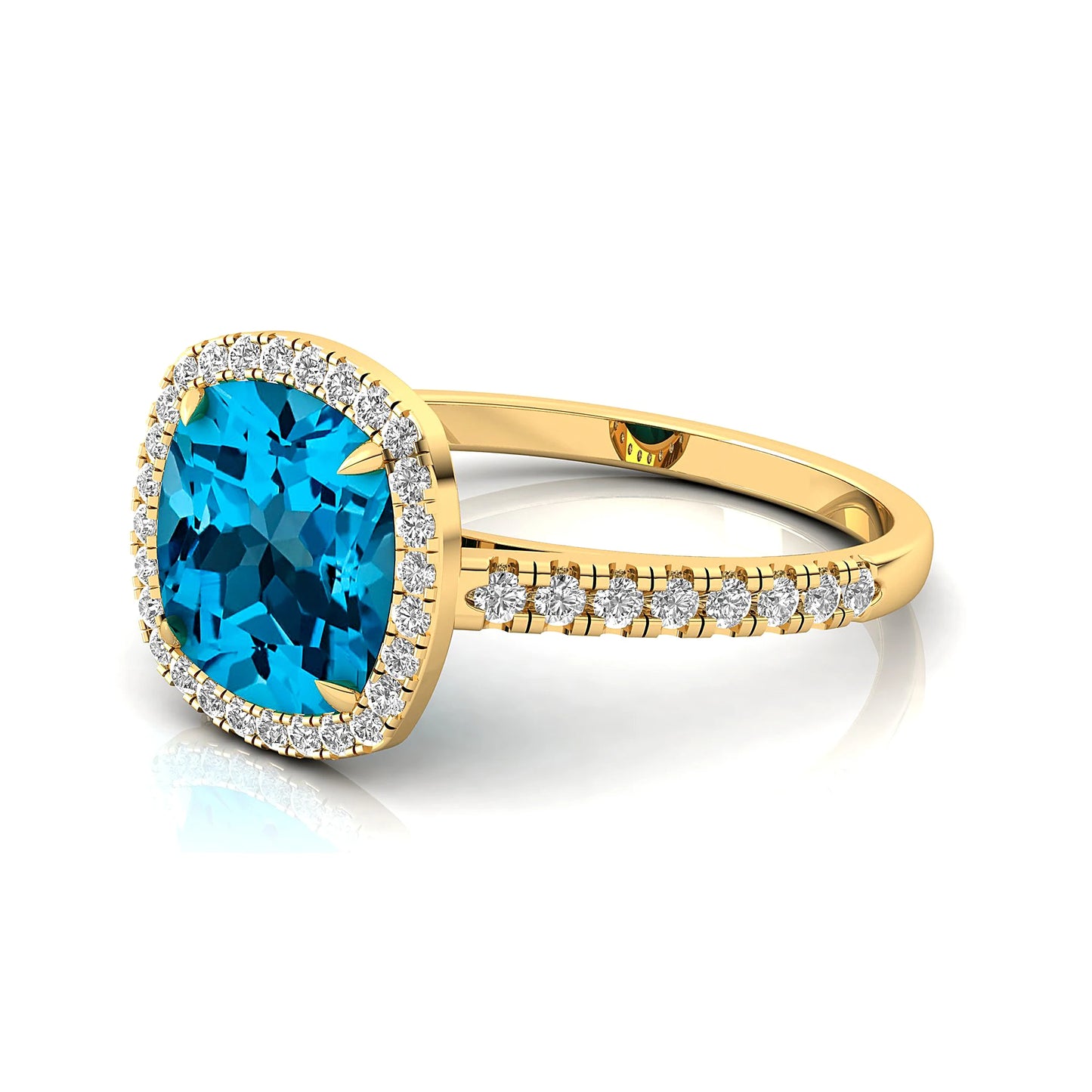 Personalized Classic 14k Solid Gold Halo Wedding Engagement Ring with for Swiss Blue Topaz & Natural Diamond Gift Her Bulk OEM
