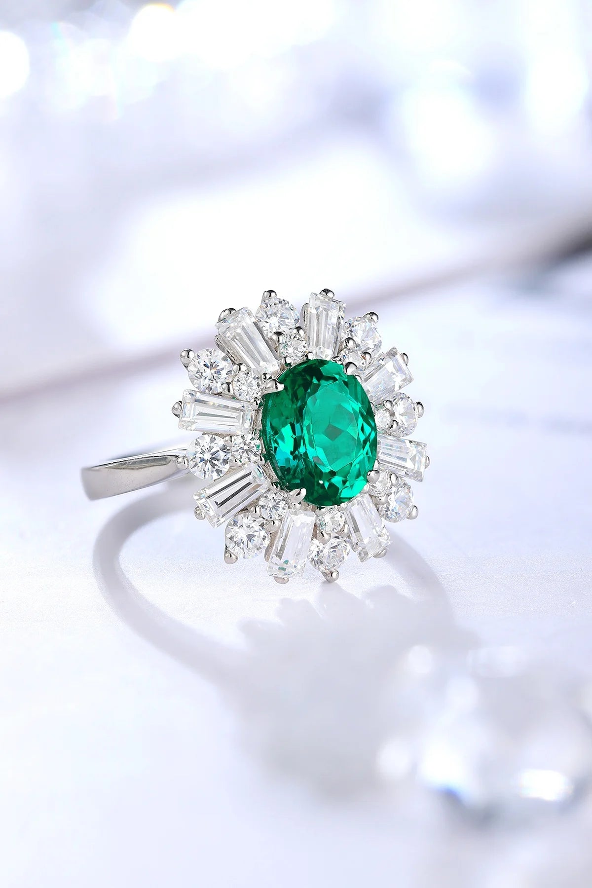 Gemfiori Anster Oval Cut Lab Made Diamonds and Ring S925 Sterling Silver Lab Created Emerald Women Ring