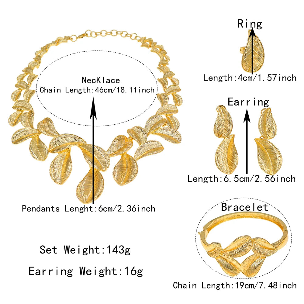 Zhuerrui Italian Gold Plated Jewelry Set for Women Leaf Shape Textured Pattern Necklace Earrings Bracelet Ring Party I0000420