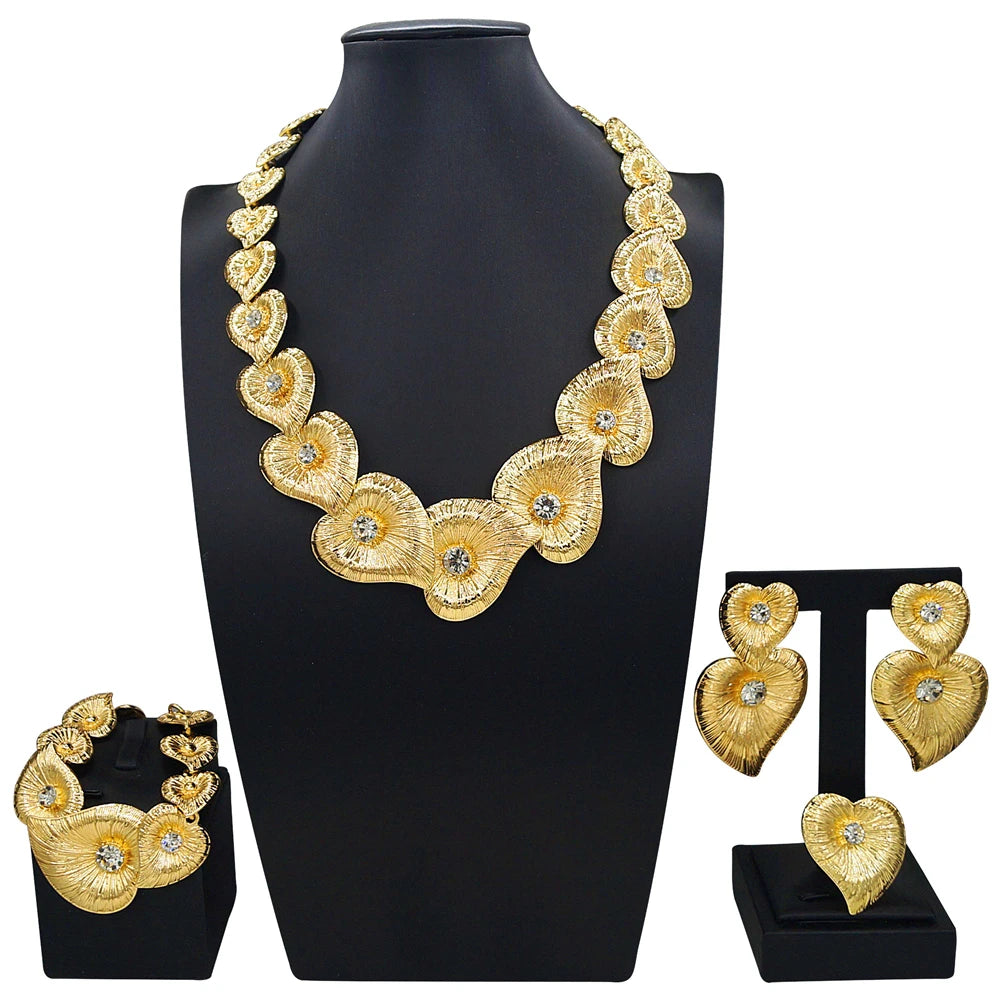 Zhuerrui Italian Gold Plated Jewelry Set for Women Heart Shaped Petal Crystal Necklace Earrings Bracelet Ring Party I004320