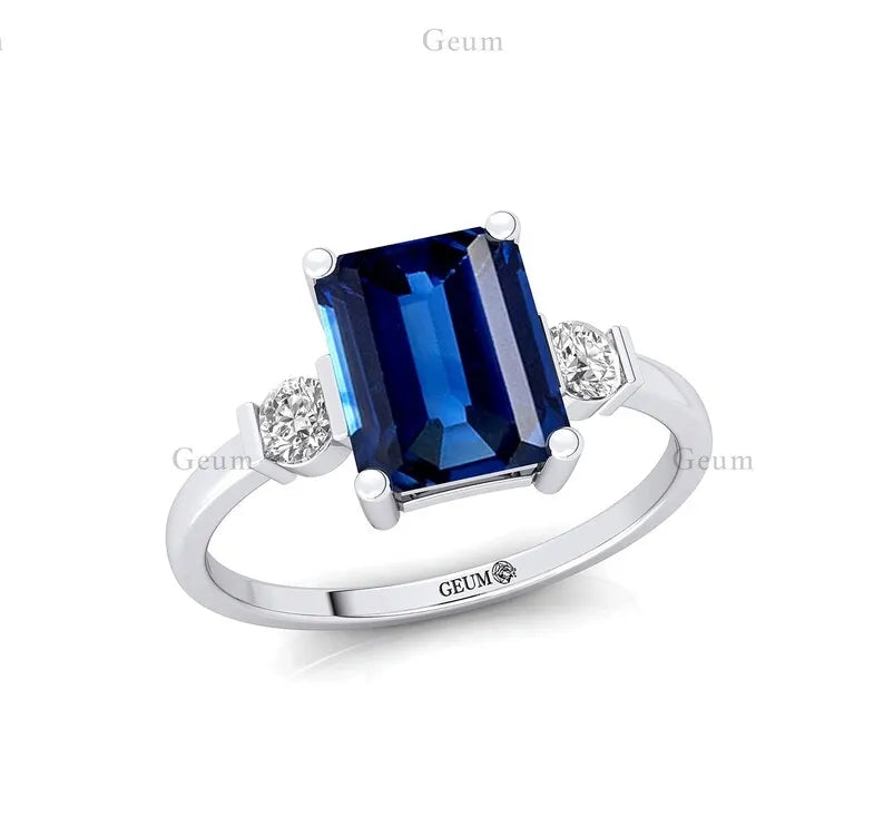 Natural Round Cut Lab Grown Blue Sapphire 2 Diamond 14k 18k Solid Gold Ring Wedding Engagement Party Rings OEM