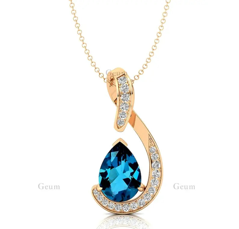Natural London Blue Topaz Gemstone 18Kt Yellow Gold Charm's Pendant Necklace Real Diamonds Cute Rhodium Plated Fine Jewelry