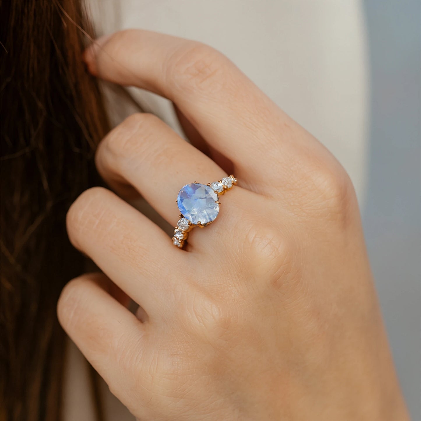 Exquisite Oval Cut Natural Rainbow Moonstone Gemstone Bridal Wedding Party Cluster Rings 14k Solid Gold Genuine Diamond Classic