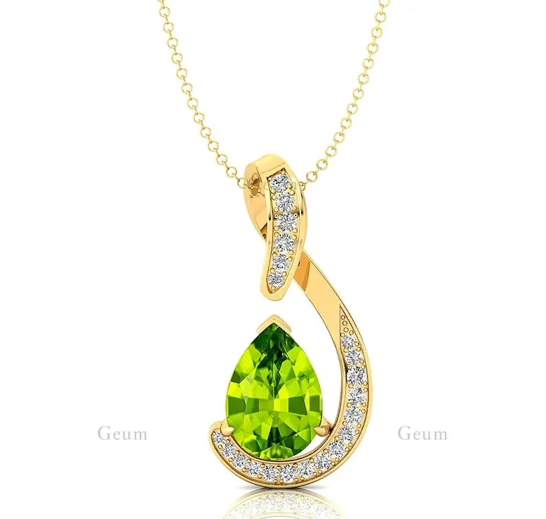 Pear Cut Natural Peridot Gemstone & Real Diamond Charm Pendant in 18K Solid Gold Pendant Custom Bridal Fine Jewelry OEM ODM
