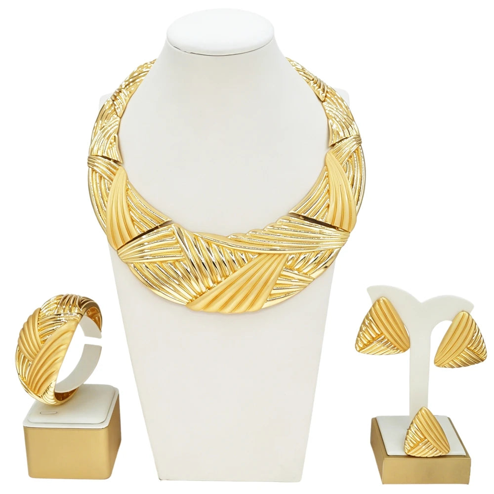 Zhuerrui African Italian Gold Plated Jewelry Set Bold Ribbed Twisted Geometric Choker for Women Wedding Banquet I0057