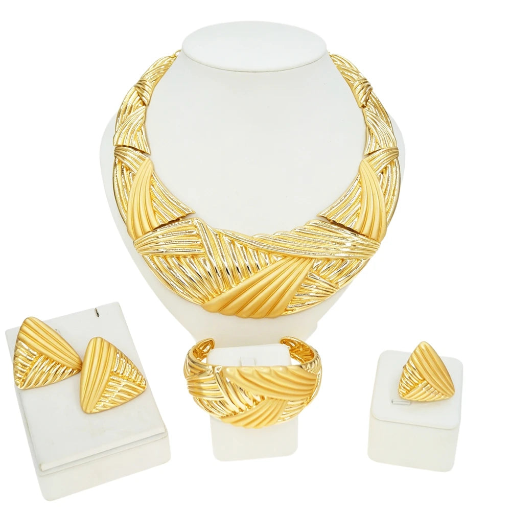 Zhuerrui African Italian Gold Plated Jewelry Set Bold Ribbed Twisted Geometric Choker for Women Wedding Banquet I0057