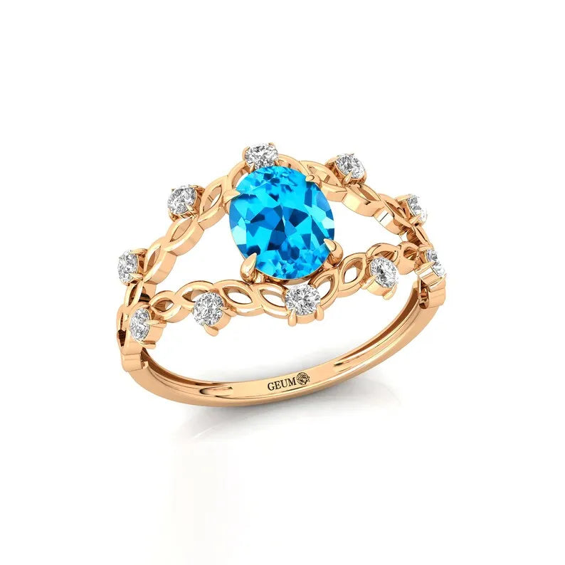14Kt Solid Gold Classic for Swiss Blue Topaz Gemstone Rings Real Diamonds Women's Engagement Wedding OEM Jewelry Valentine's Day