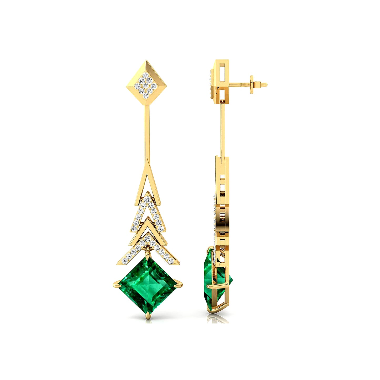 Quality Lab Grown Emerald Dangle Drop Earrings With Diamonds 18k Solid Yellow Gold Rhodium Plated Wedding Party May Birthstone
