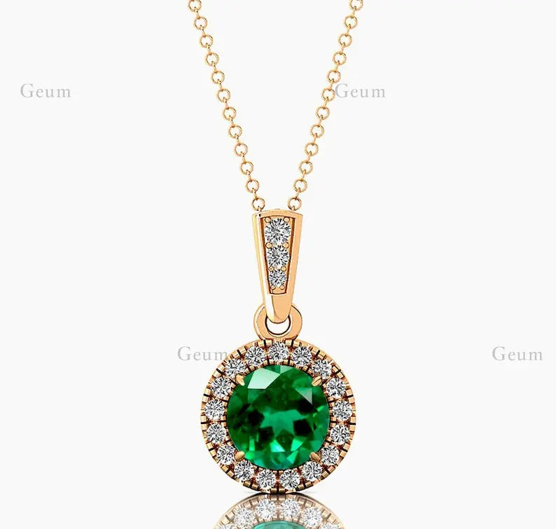 Halo Solitaire Charm Pendant Necklace Lab Grown Emerald Gemstone Genuine White Diamonds Cute Style Rhodium Plated Certified Gold