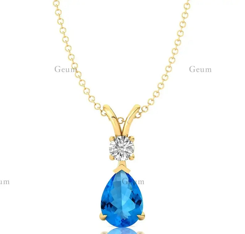 Luxurious Solid Gold Cute Women's Pendant White Diamond for Swiss Blue Topaz Gemstone Charm Necklace Rhodium Plated Third Party