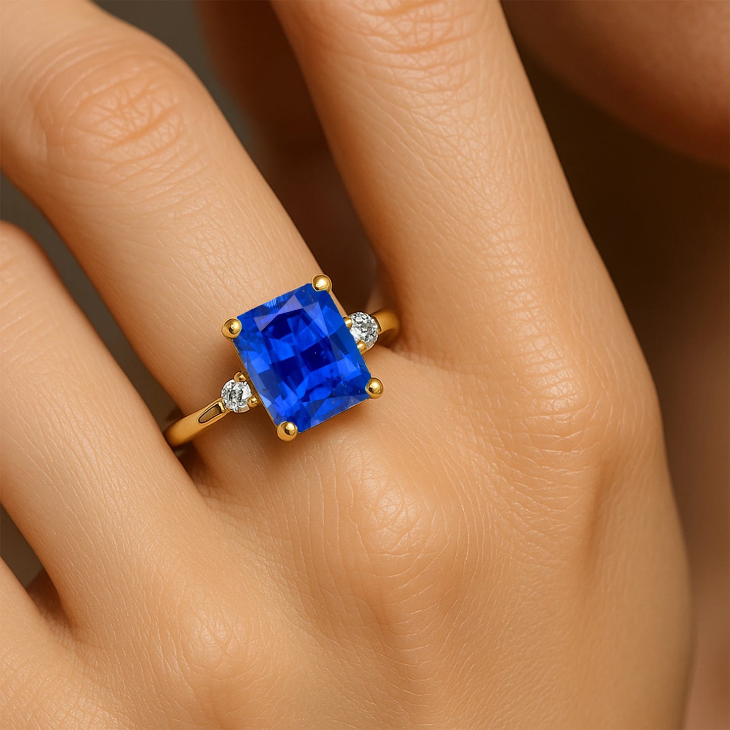Natural Round Cut Lab Grown Blue Sapphire 2 Diamond 14k 18k Solid Gold Ring Wedding Engagement Party Rings OEM