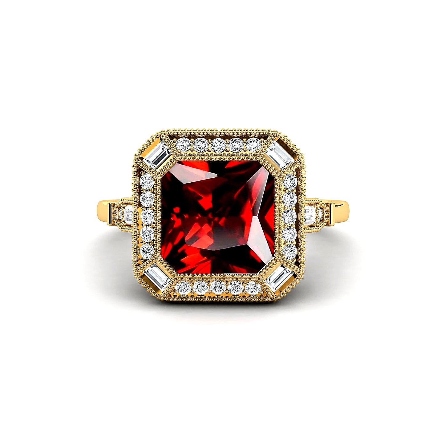 Solid Gold Natural Garnet Gemstone Fine Real Diamonds Bezel Setting Rhodium Plated Wedding Engagement Halo Ring Jewelry For Her
