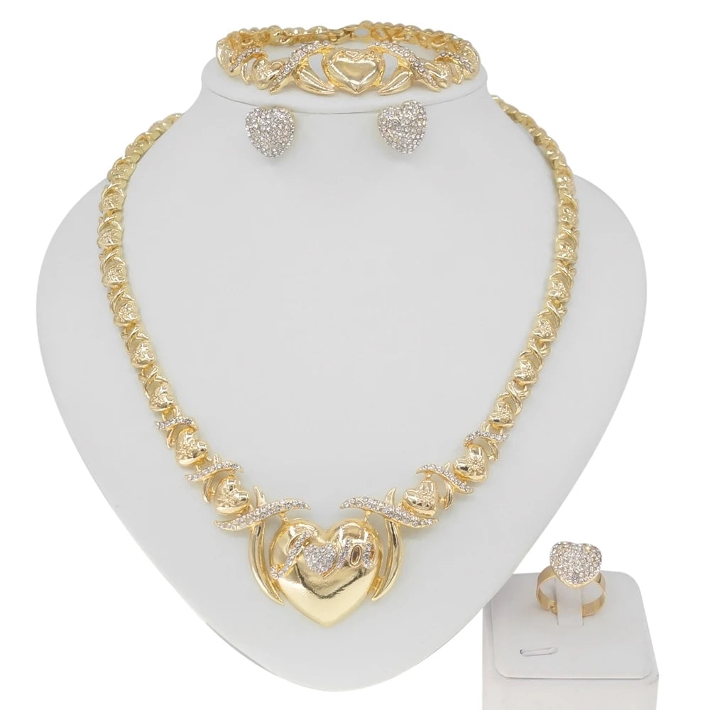 Zhuerrui Hot Sale Pop Style Xoxo Hug and Kiss I Love You Jewelry Set Latest Design Women Gold Plated Necklace Jewelry Sets X0147