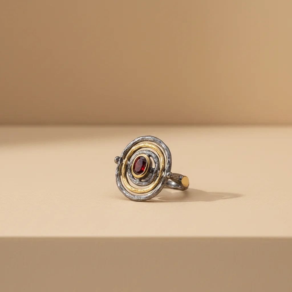 Garnet 925 Sterling Silver Ring Bark Grain Circle Design Red with Gold Plated Vintage Perfect Silver Ring