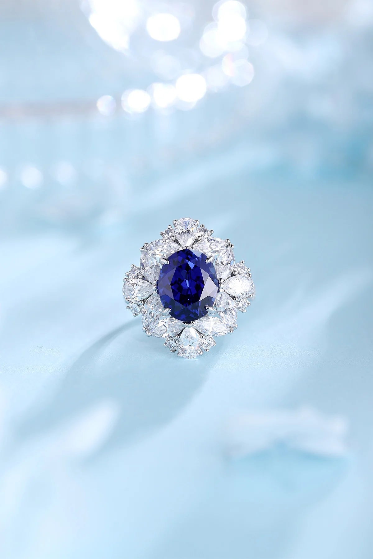 Gemfiori Anster Oval Cut Lab Created Diamonds and Ring S925 Sterling Silver Lab Grown Sapphire Women Ring
