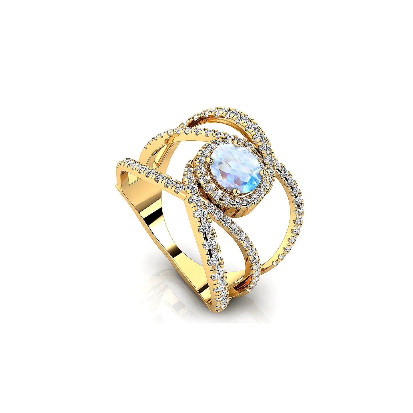 18Kt Solid Gold Women's Birthstone Jewelry Natural Rainbow Moonstone Gemstone Charming Solitaire Halo Ring Classic Wedding Party