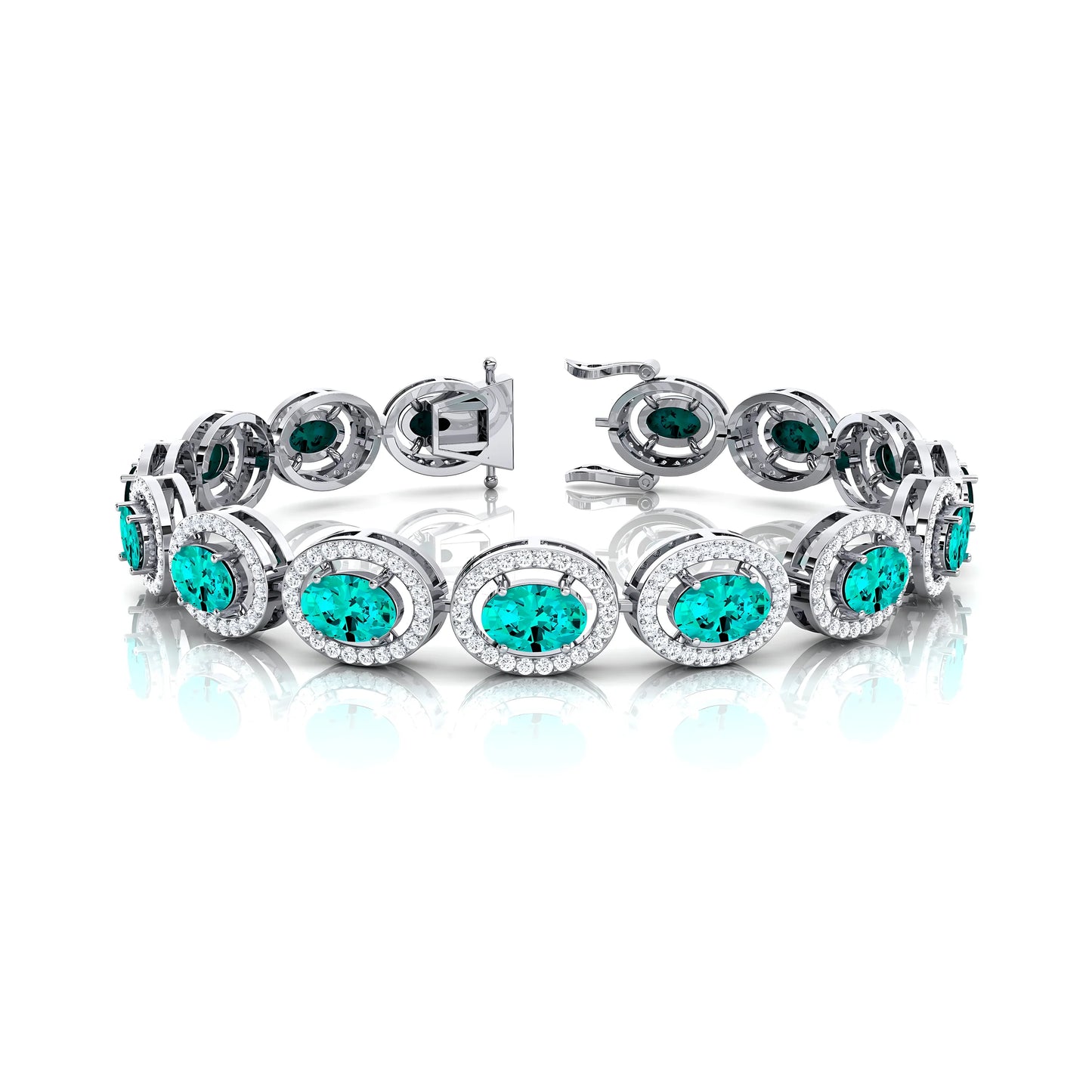 14k Gold Oval Lab Paraiba Tourmaline Gemstone & Diamond Tennis Chain Bracelet Custom New Fine Jewelry Unisexual Tennis Bracelets