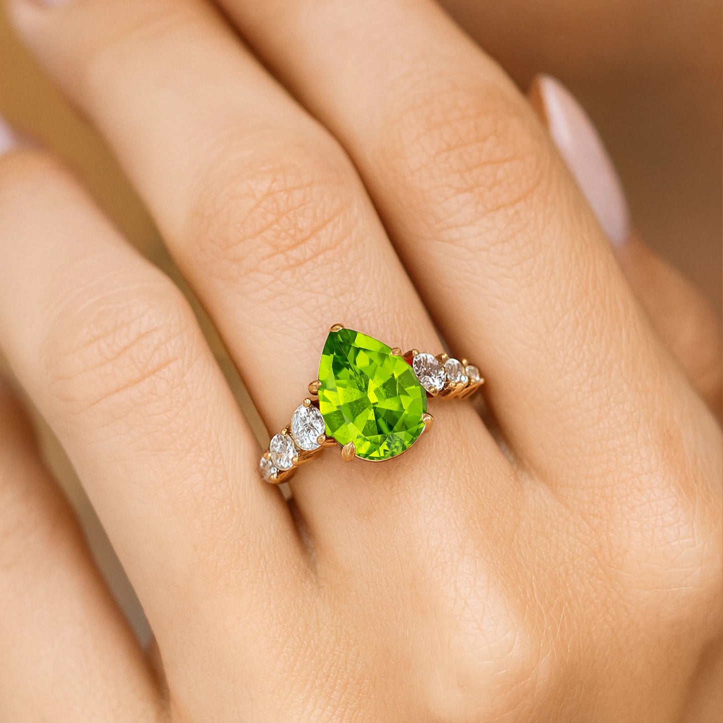 Luxurious Women's Jewelry Gift 18k Pure Gold Rhodium Plated 1.4ct Natural Peridot Gemstone Genuine IGI Certified 6-Diamond Rings