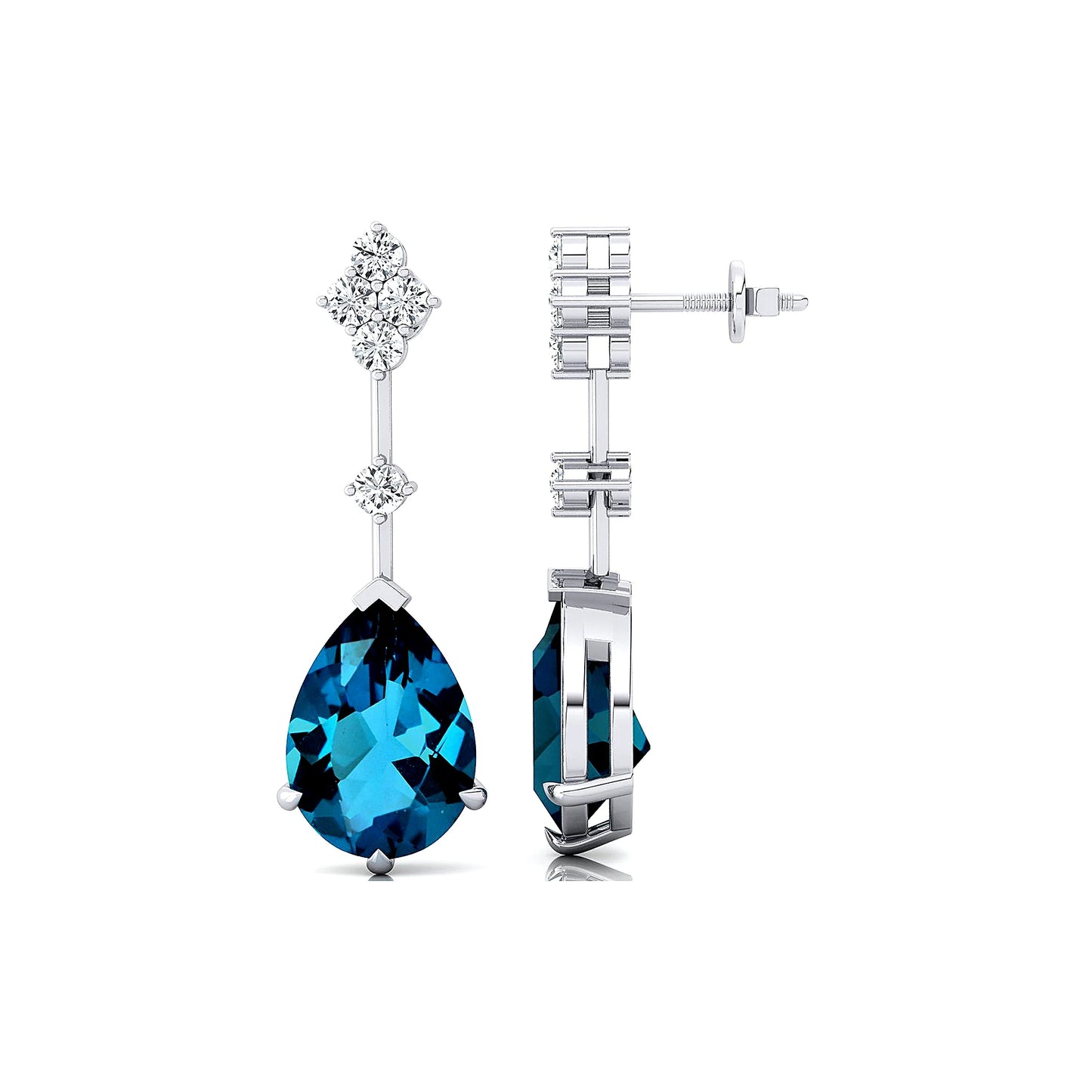 18K Solid Rose White Yellow Gold Stud Earrings Natural London Blue Topaz Gemstone Real Diamonds Cute Party Fine Jewelry Women's