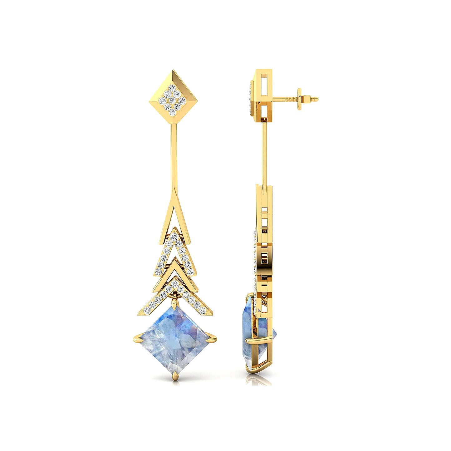 14k Solid Gold Earrings Rainbow Moonstone Gemstone Dangle Drop Earrings Solid Gold Rhodium Plated Luxury Real Diamonds Jewelry