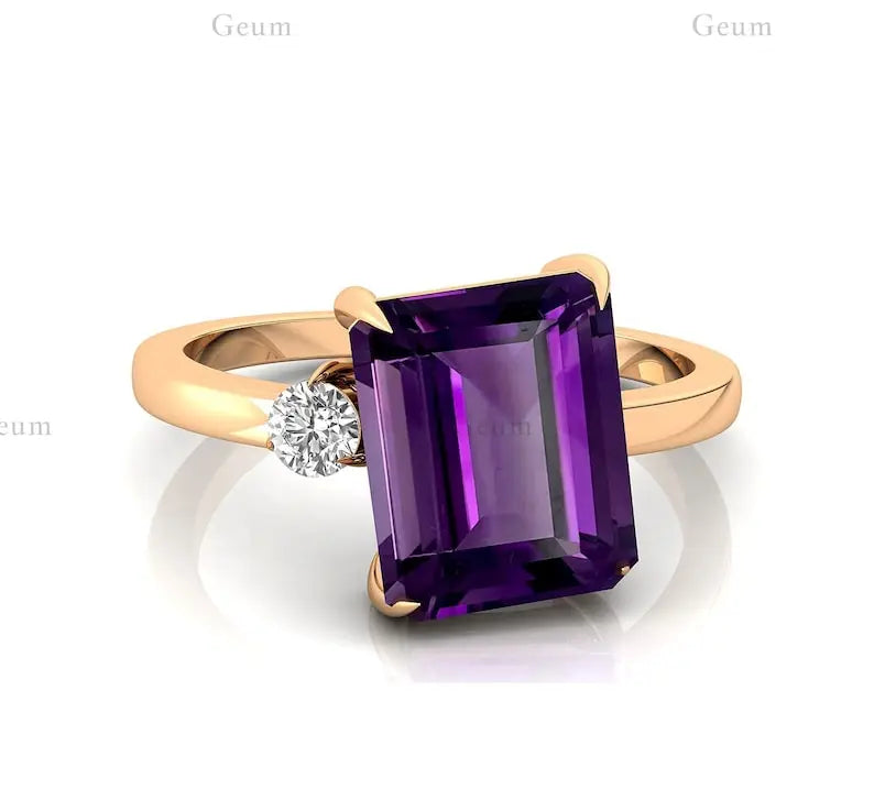 Natural Purple Amethyst Gemstone 14K Real Solid Gold Solitaire Ring for Women Unique Design with IGI Certified Diamond Jewelry
